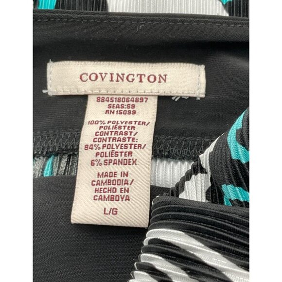 Covington 3/4 Sleeve Square Neck Accordion Pleat Retro Floral Blk Wh Teal Top LG - Picture 7 of 10